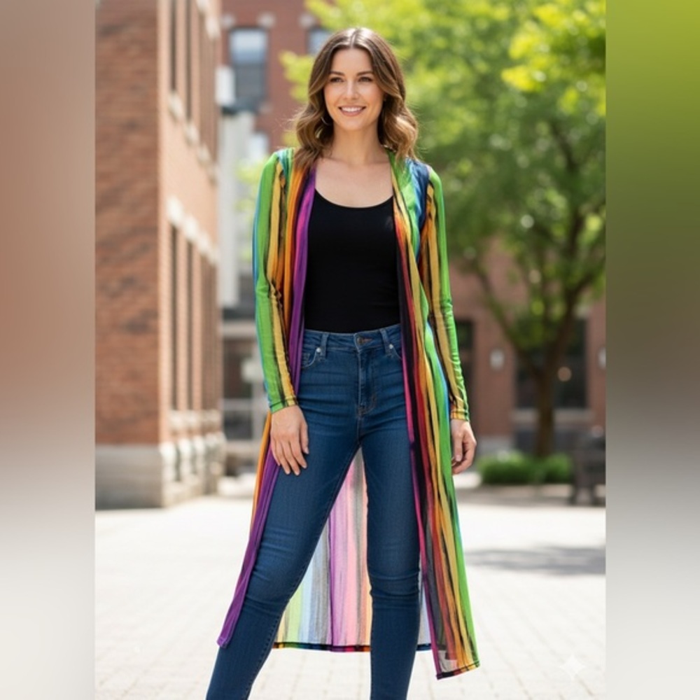 Vibrant Rainbow Mesh Long Kimono Duster - Artistic Boho Statement - Size M